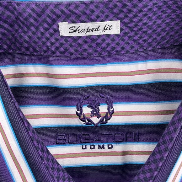 Bugatchi Uomo Shirt Mens Purple Tan Stripe Shaped Fit Cotton Classic Dress Party - Picture 3 of 8